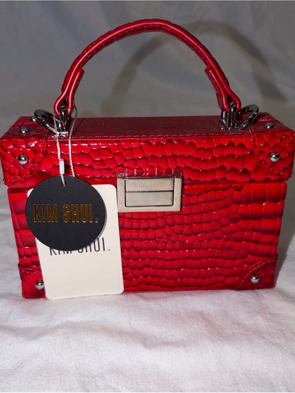 NWT Kim Shui Red Croc Mini Trunk Box Handbag Croc Print 6.5”x4”x2” Crossbody